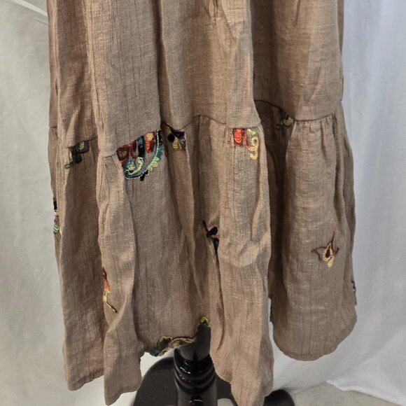 Fig & Flower Flowy Brown Dress Size Large Embroidered Paisley Sea Shell Buttons - Picture 7 of 12